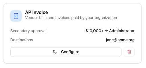 The AP Invoice workflow: invoices of $10,000 or more go to the Administrator approval group.