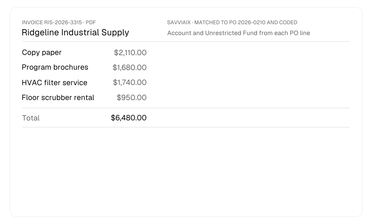 An example vendor invoice matched to its purchase order line by line, coded to its fund, approved by amount, and created in Financial Edge NXT