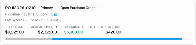 Purchase order 2026-0210 from Ridgeline Industrial Supply: $9,225 total, $2,325 already billed, $6,900 remaining, $420 left after this invoice.