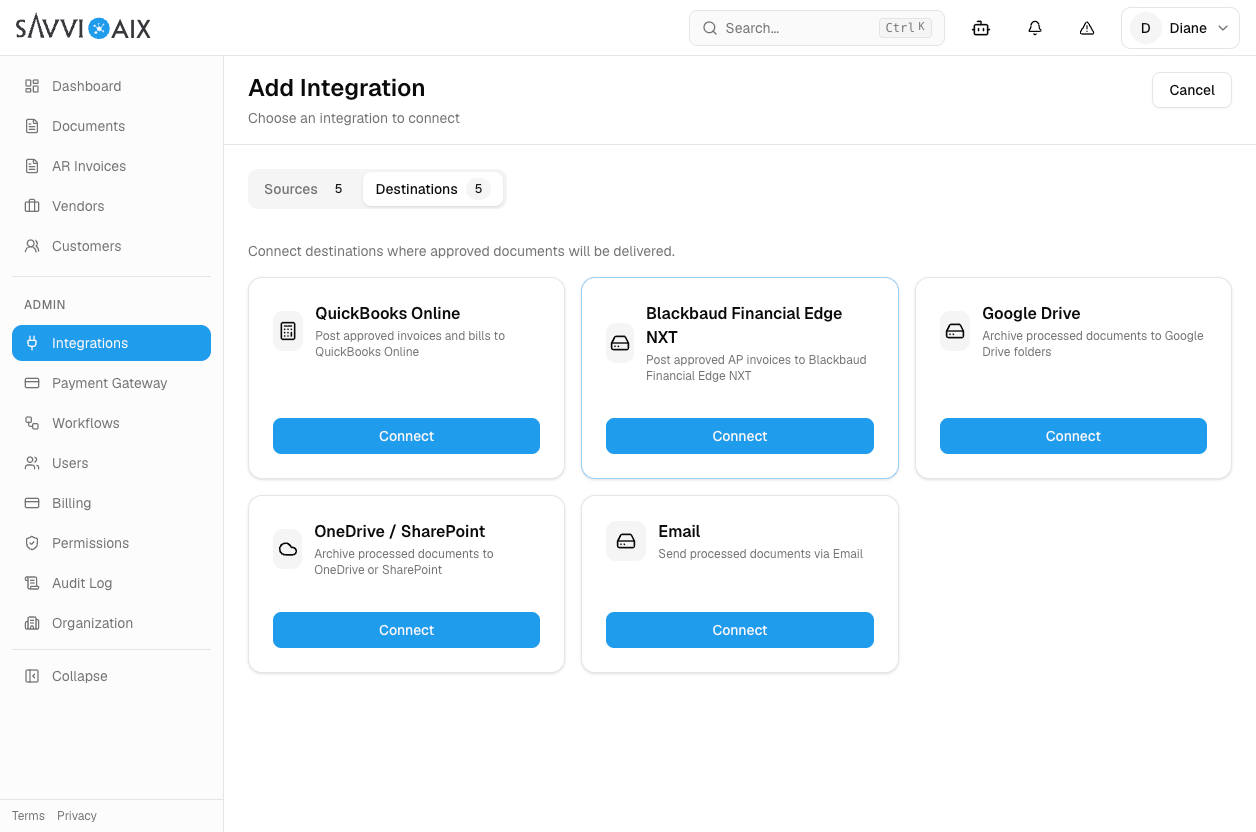 The Add Integration picker with Blackbaud Financial Edge NXT listed under Destinations.