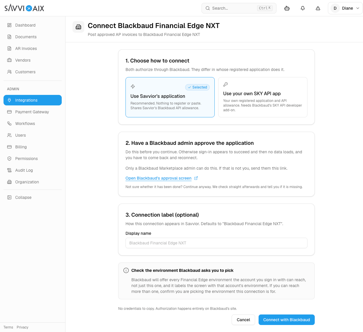 The Connect Blackbaud Financial Edge NXT screen with "Use Savvior's application" selected.