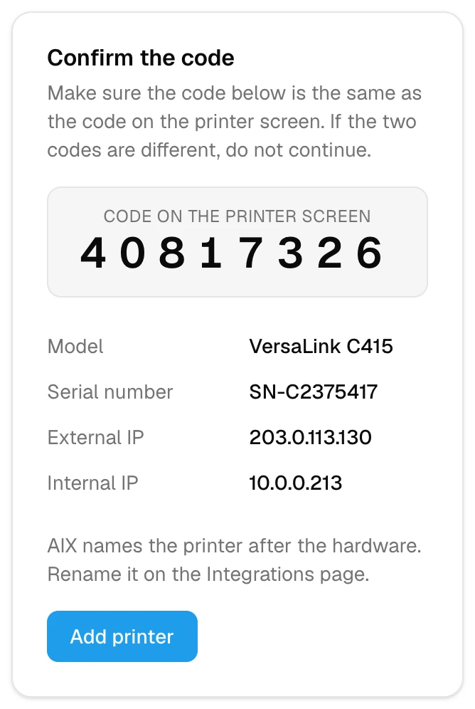 The SavviAIX screen for adding a printer: the code to match against the printer's screen, the model and serial number, and an Add printer button.