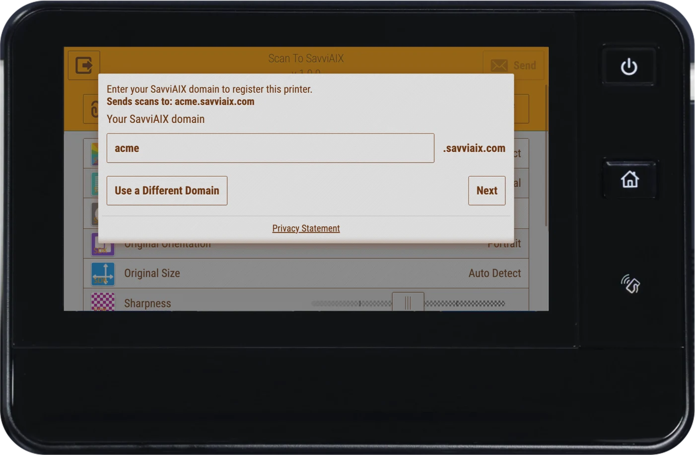 The SavviAIX domain screen on a Xerox printer.