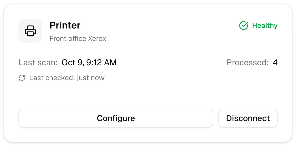The Integrations screen's printer card: a Xerox printer connected and healthy, with its last scan and the number of documents it has delivered.