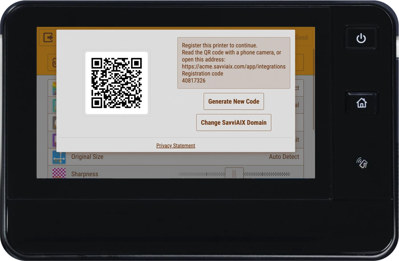 The registration screen on a Xerox printer, with a QR code and an 8-digit code.